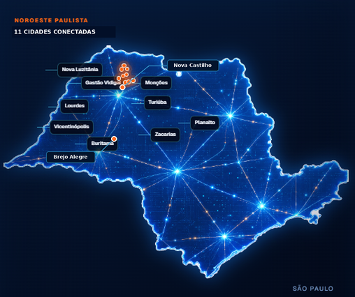 Mapa de São Paulo com as onze cidades atendidas pela InfinityOn destacadas no noroeste paulista